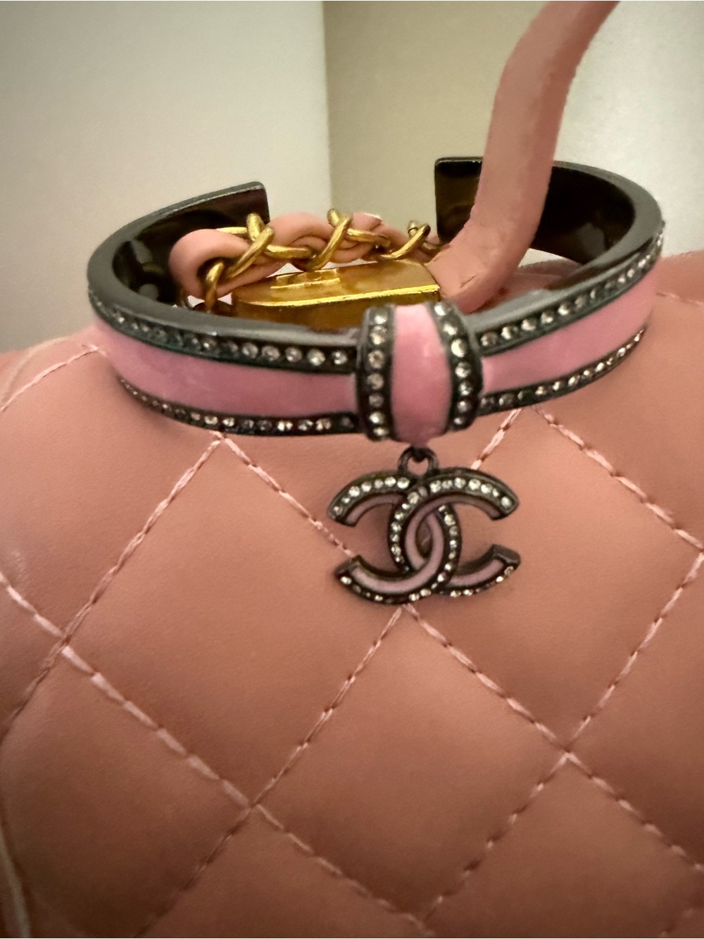 CHANEL Pink Bracelet with CC Logo and Rhinestones
